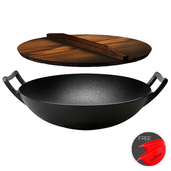 Nutrichef Pre-Seasoned Cooking Wok - Cast Iron Stir Fry Wok With Wooden Lid NCCIWOK60 - main